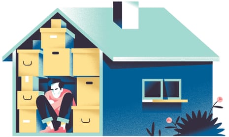 Illustration of man crouching in a house full of boxes