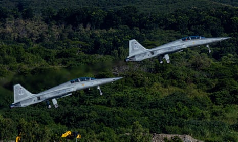 Taiwan On High Alert As China Conducts Live-fire Exercises<br>TAITUNG, TAIWAN - AUGUST 06: Taiwanese F-5 fighter jets are seen after taking off from Chihhang Air Base on August 06, 2022 in Taitung, Taiwan. Taiwan remained tense after U.S. Speaker of the House Nancy Pelosi (D-CA) visited earlier this week, as part of a tour of Asia aimed at reassuring allies in the region. China has been conducting live-fire drills in waters close to those claimed by Taiwan in response. (Photo by Annabelle Chih/Getty Images)