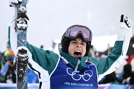 Australia’s Jakara Anthony celebrates after winning the freestyle skiing dual moguls at the 2026 Winter Olympics in Milano Cortina