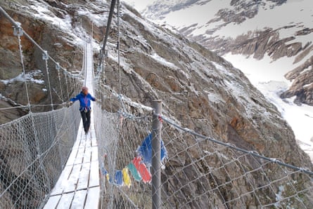 The recently constructed Himalayan-style bridge to the Conscrits hut – built because the trail was judged to be too dangerous.