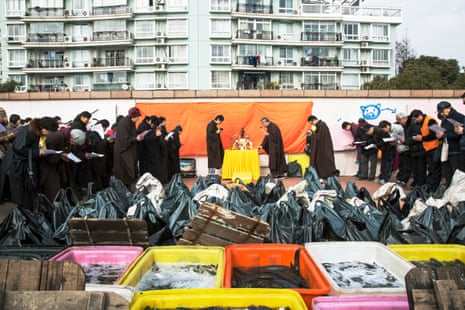 Fang Sheng gathering, Changning district (2015) The traditional East Asian Buddhist practice of freeing captive animals to accrue good karma has flourished dramatically in recent years in Shanghai, in step with the rise of social media and online money donation, which keeps the practice afloat. Here hundreds of inhabitants gather to liberate US$3,000 (£2,400) worth of fish bought from the market that morning. Monks or devout lay people organize weekly devotional gatherings, performing the ritual throughout the public space, thus creating a new economy for fishermen and a sense of belonging in an ever-changing urban environment.
