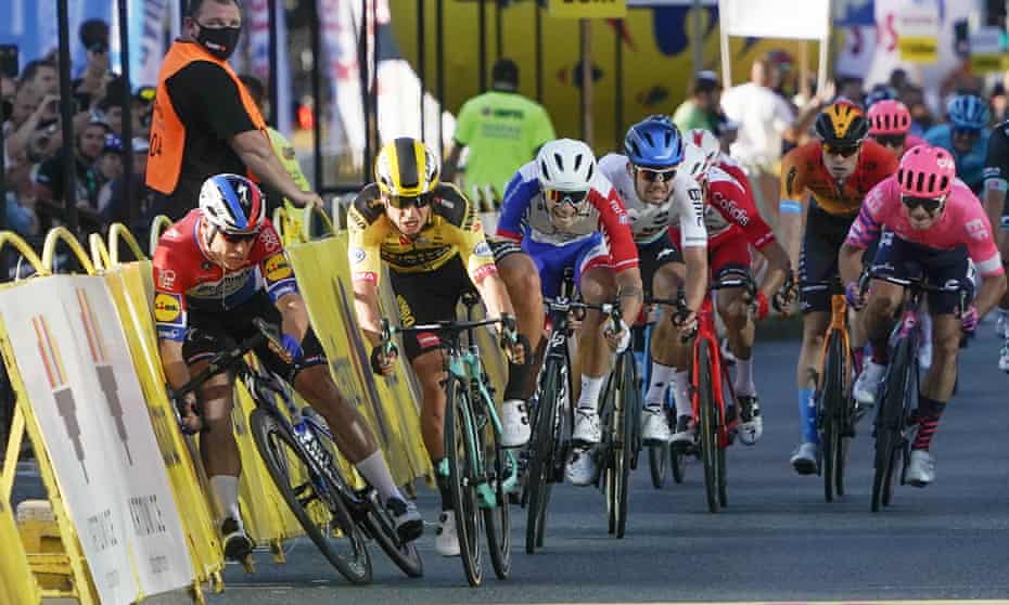 Fabio Jakobsen (left) collides with Dylan Groenewegen (second left) at the finish line of the Tour of Poland’s opening stage.