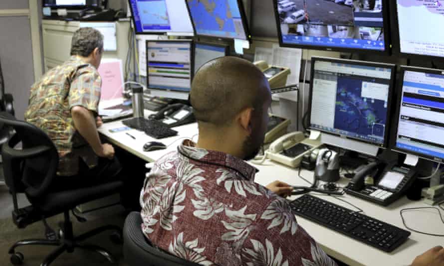 Hawaii Emergency Management Agency officials at the command centre in Honolulu monitor the possibility of a nuclear attack from North Korea.