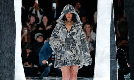 Rihanna takes to the runway for the first time as Puma creative director at New York fashion week.