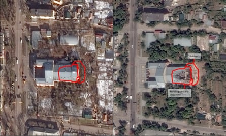 Esta imagen satelital proporcionada por Maxar Satellite Image Analysis a través de UNOSAT muestra el 'Palacio de Cultura Korabelny' en Mykolaiv, Ucrania, el 4 de febrero de 2022 y el mismo sitio el 21 de julio de 2022.