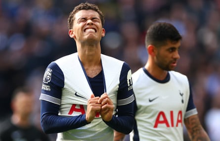Brennan Johnson of Tottenham reacts following a missed chance against West Ham