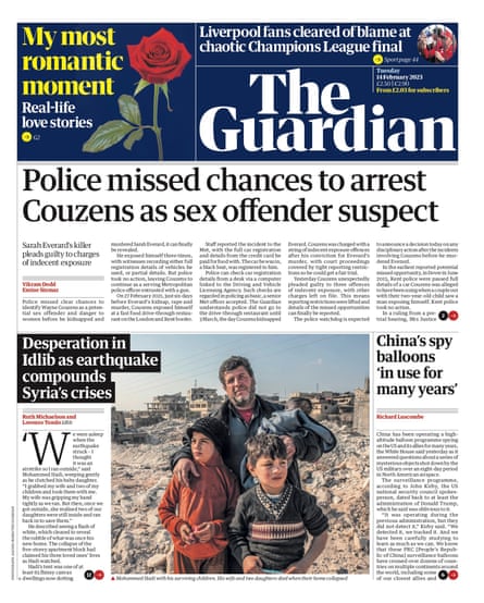 Guardian front page, Tuesday 14 February 2023