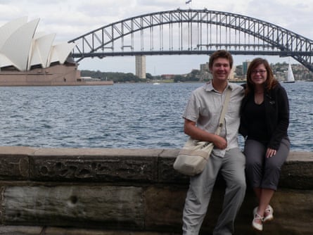 Karen Bleakley with Matt in Sydney standing in front of the Sydney Harbour Bridge