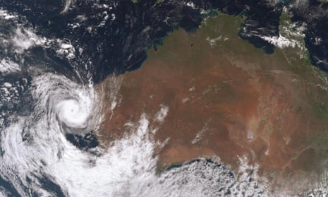 A satellite image shows Tropical Cyclone Seroja tracking off the coast of Western Australia on Sunday. 