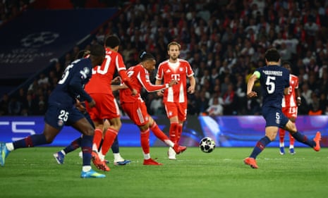 Bayern Munich’s Michael Olise scores their second goal to restore parity at PSG.