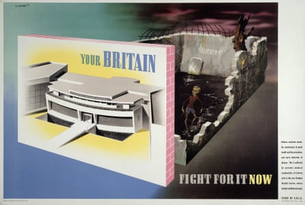 A 1942 poster by Abram Games contrasts the newly built Finsbury Health Centre with bomb sites where diseases fester.