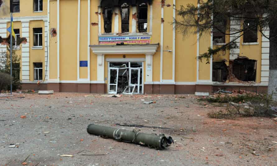 A school destroyed as a result of fighting not far from the centre of Kharkiv.