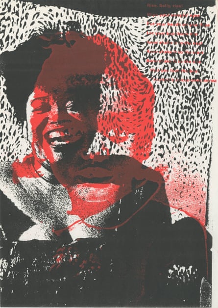 Artwork incorporating a photograph of a black woman laughing against a black and white leopard-print background, with abstract red daubs of paint on top