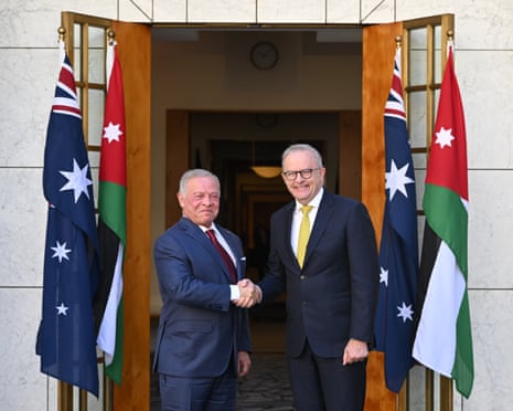 Australian Prime Minister Albanese greets King Abdullah II of Jordan in Canberra.