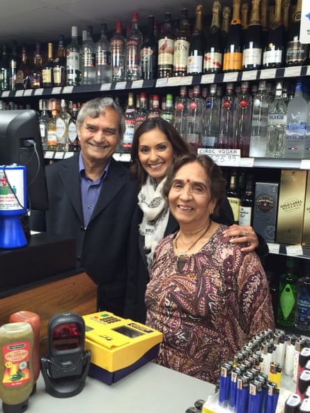 Babita Sharma with her father, Ved, and mother, Prem, at their former shop V.P. Superstore (now a Costcutter) in Caversham, Reading