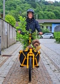 A woman on a cargo bike carrying a large plant and a small dog