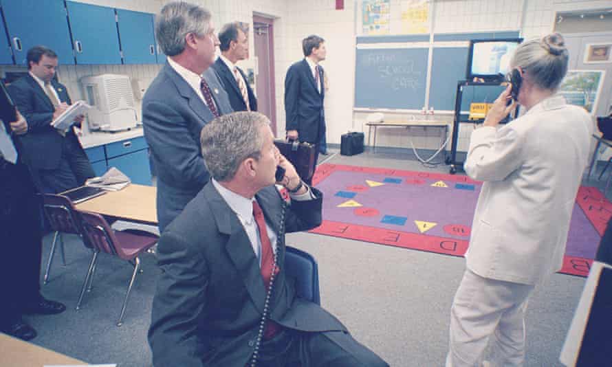President Bush and senior staff in the holding room at Emma E Booker School, Sarasota, Florida, shortly after the second tower had been hit.