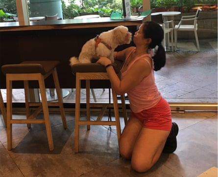 Maida kneeling on floor while Spark sits on a kitchen stool