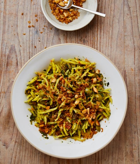 Yotam Ottolenghi’s salsa verde golden raisin and olive pasta.