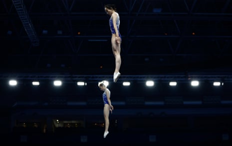 Qiu Zheng and Lin Qianqi of China in the women’s synchronised trampoline final