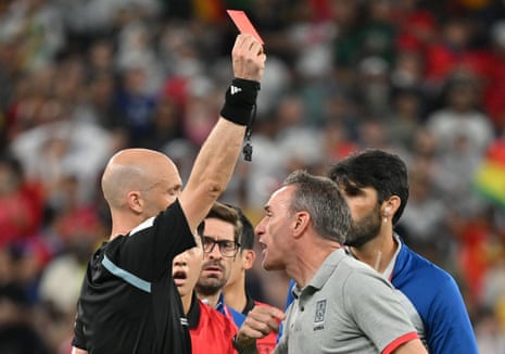 World Cup 2022: news and buildup to Argentina v Croatia semi-final – live | World Cup 2022 12 South Korea’s Portuguese coach Paulo Bento (R) is given a red card by English referee Anthony Taylor during the match between South Korea and Ghana.