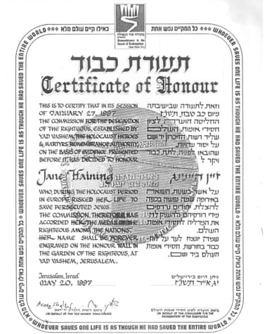 Jane Haining certificate of honour