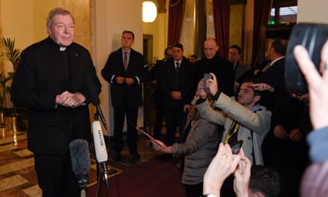 Cardinal George Pell speaks to the media at the Quirinale hotel in Rome on March 3 at the end of his evidence to Australia’s royal commission into institutional responses to child sexual abuse.