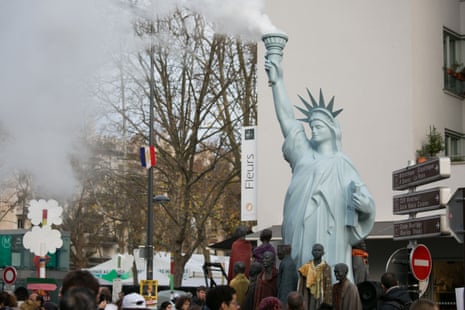 A sculpture by Danish art activist Jens Galshiøt, Freedom to Pollute, at the People’s Climate Summit in Montreuil, in the east of Paris