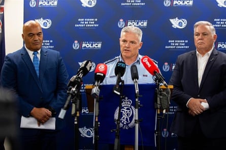 Police commissioner Richard Chambers and his colleagues speak to the media on Tuesday.