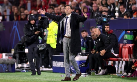 Sevilla manager Diego Alonso reacts on the touchline during Arsenal’s 2-1 win.