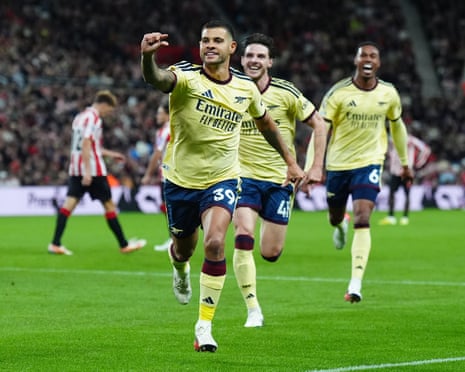 Bruno Guimarães celebrates after scoring ArsenalâÂÂs first goal against Sunderland.