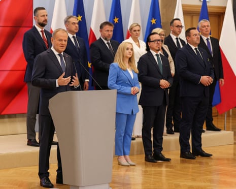 Polish prime minister Donald Tusk speaks during a press conference announcing changes in his government in Warsaw, Poland.