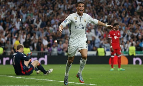 Cristiano Ronaldo celebrates scoring his third goal for his hat-trick against Bayern Munich. 