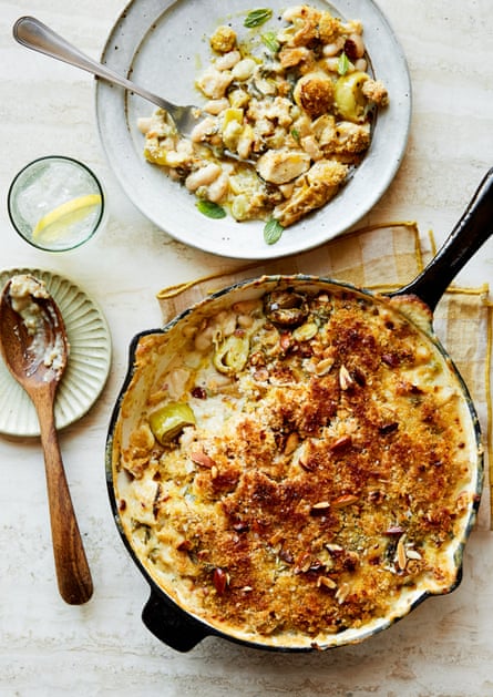 Anna Shepherd’s spring vegetable and cannellini bean cheesy mustard gratin.