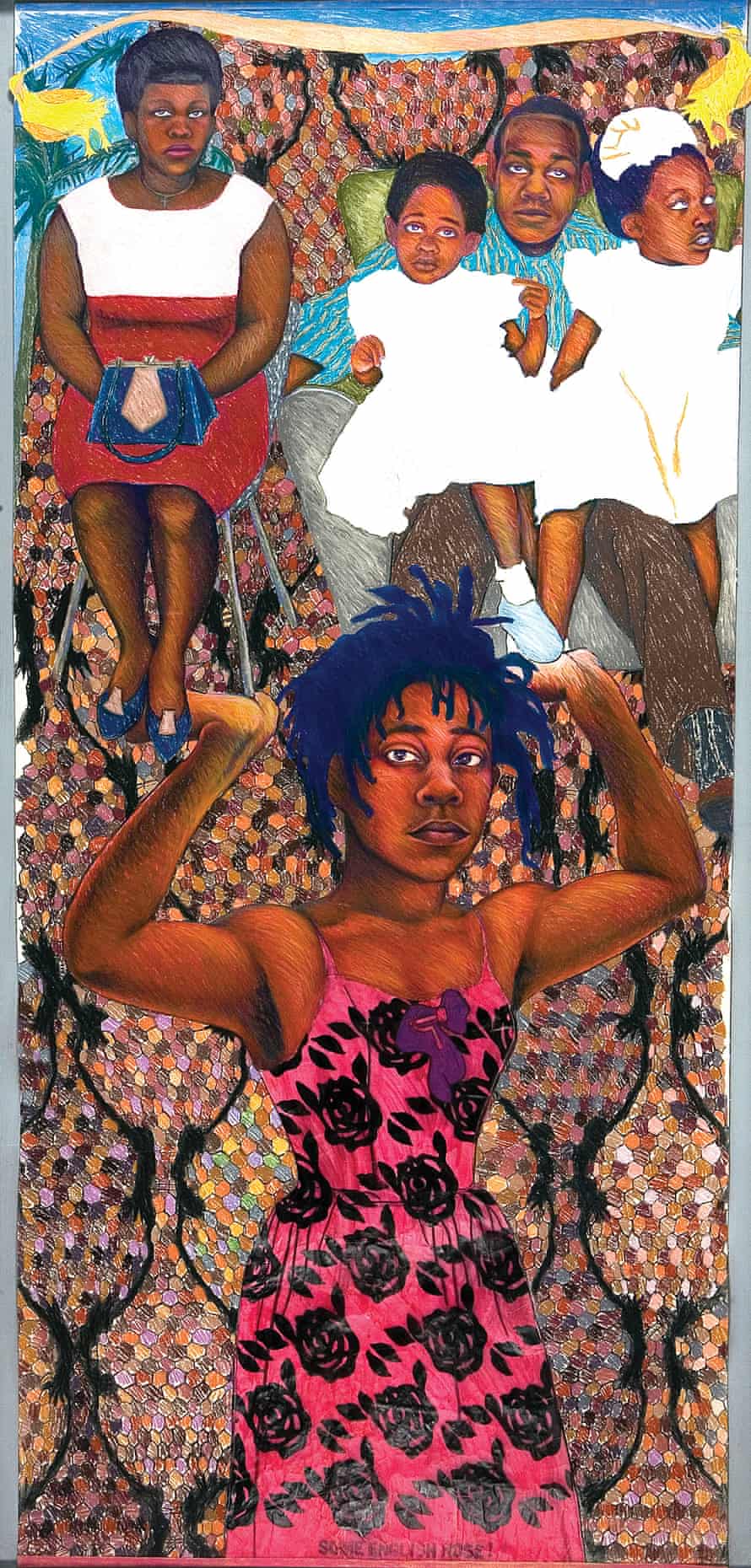 She Ain’t Holding Them Up, She’s Holding On (Some English Rose), 1986, painting by Sonia Boyce