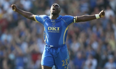 Sol Campbell celebrates after Peter Crouch scores the second goal in Portsmouth’s 2-0 win over Spurs in 2008. Spurs fans were charged over ‘indecent chanting’ towards him there.