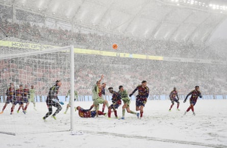A snowstorm during a shot crippled astatine America First Field successful Sandy, Utah.