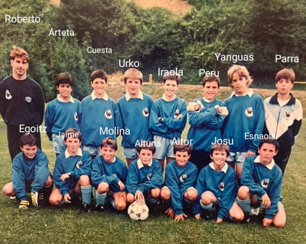 A young Mikel Arteta (second from top left) poses with teammates and Antiguoko coach Roberto Montiel