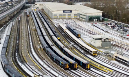 Southeastern trains parked in sidings near Ashford station in Kent during Tuesday’s strike