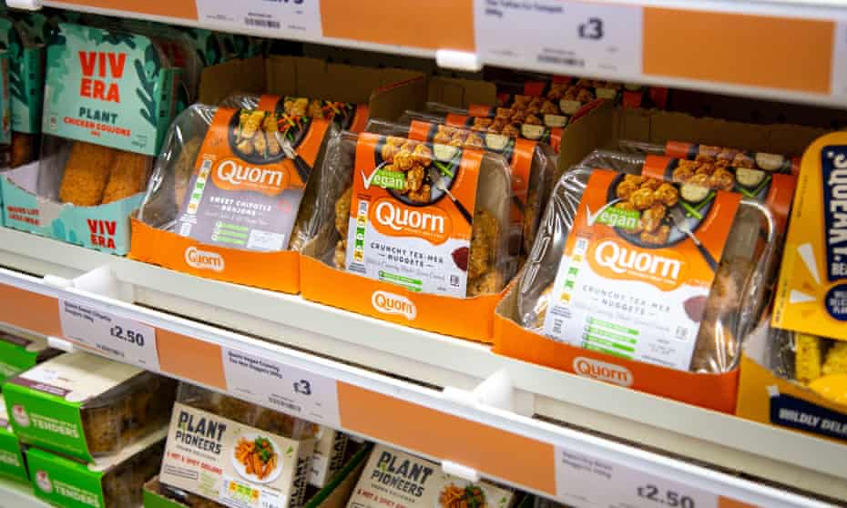 Meat alternatives at a supermarket, Quorn imitation meat for vegans and vegetarians, in London.