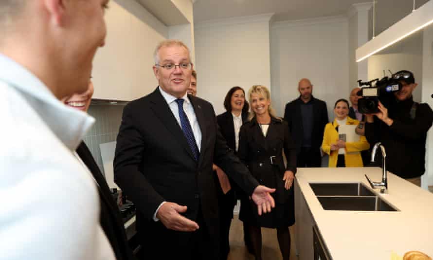 Prime Minister Scott Morrison visits a housing site in the suburb of Armstrong Creek in Perth.