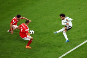 Egypt’s Mohamed Salah shoots at goal.