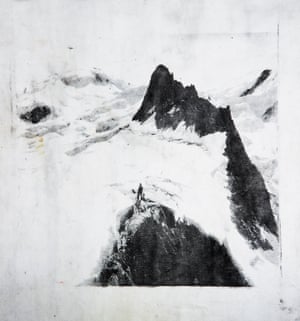 Mountaineers on the Biancograt I (from the series Monuments), 2019. Collecting found images of Engadine glaciers from the early 20th century, Mandry transferred them onto actual pieces of geotextile, which have themselves been brought down from the alps after a season on the ice. Through the antique process of lithography (Steindruck), a double-exposure phenomenon happens: the images, fading memories of golden age in Switzerland’s tourism, become part of the nowadays technological attempts to preserve a past which no longer exists.