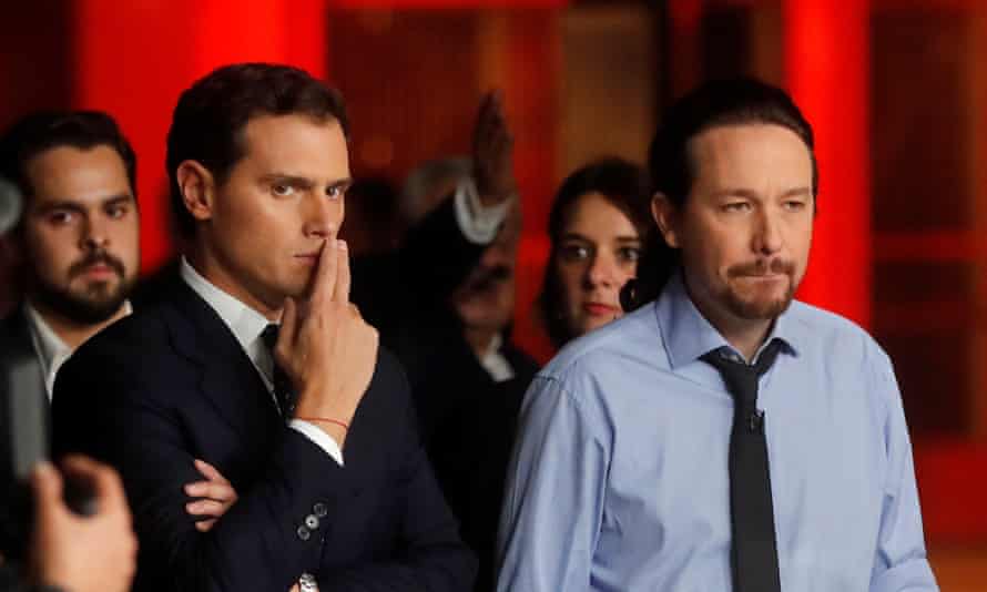 Citizens' party leader, Albert Rivera (left), and Unidas Podemos’ leader, Pabo Iglesias. Citizens look set to lose seats to Vox.
