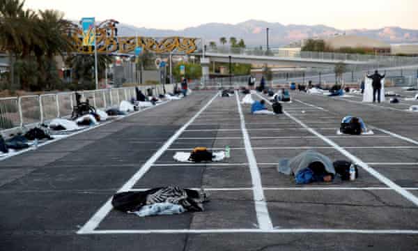 Las Vegas Parking Lot Turned Into Homeless Shelter With Social Distancing Markers Us News The Guardian