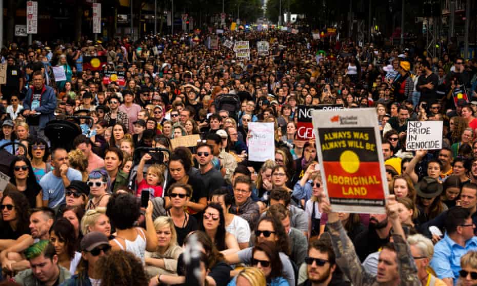 Thousands of Melburnians march through Melbourne on 26 January 2017 to protest against the celebration of Australia Day.