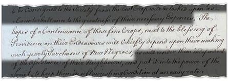 Extract from Lambeth Palace archive document in which Archbishop Thomas Secker agreed to reimburse costs for buying enslaved people after being told that “fine crops” on sugar plantations owned by the church’s missionary arm largely relied on “yearly purchases of new Negroes”.