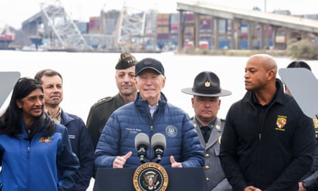 President Joe Biden delivers remarks near the wreckage of the Francis Scott Key Bridge