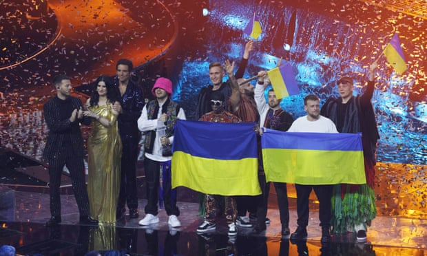 The Kalush Orchestra, representing Ukraine, on stage during the final of the 66th Eurovision Song Contest