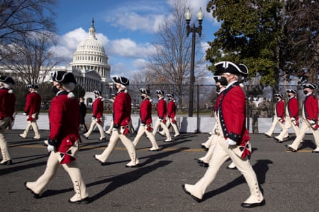 US military members participate in a rehearsal for the inauguration of Joe Biden.